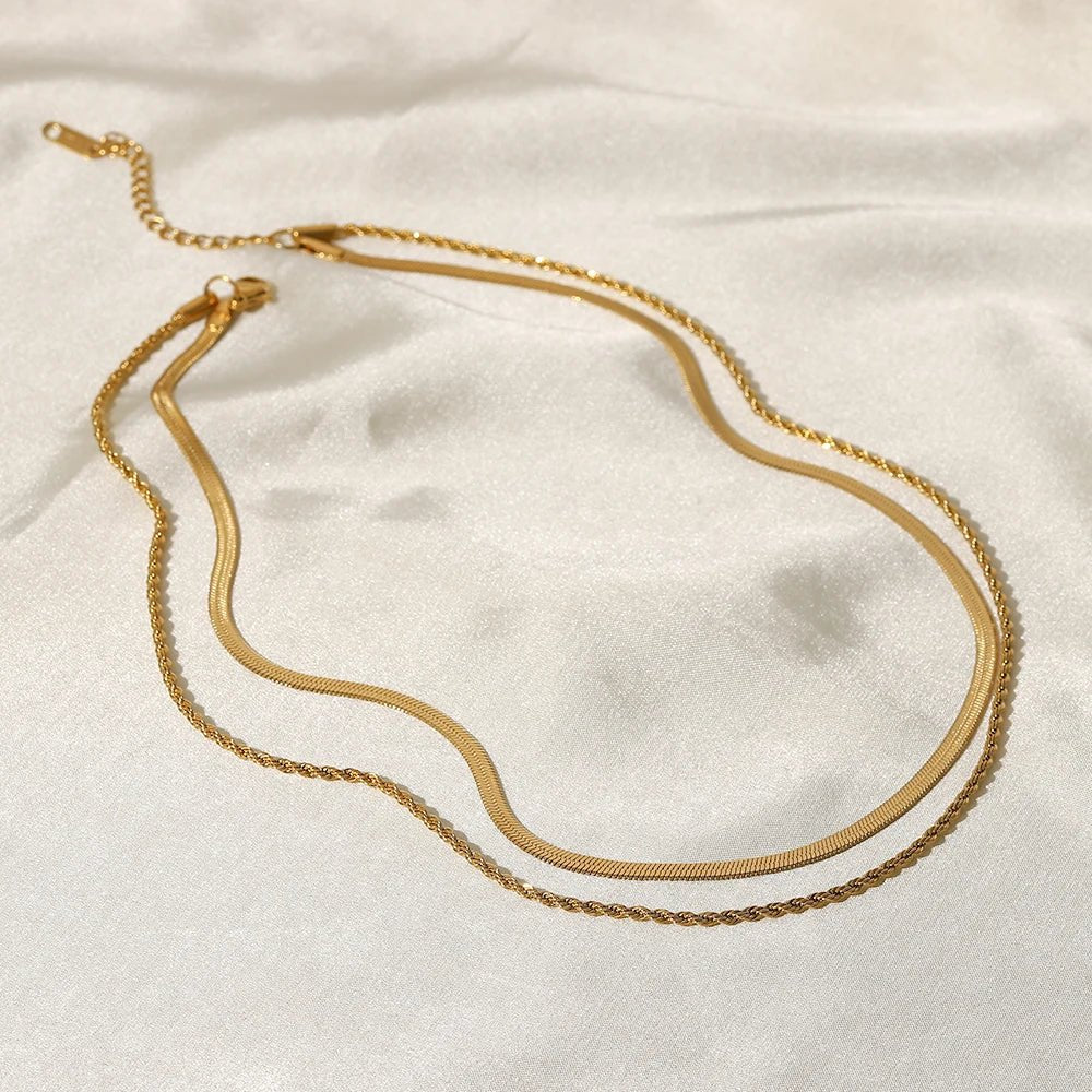 18K Layered Herringbone and Rope Chain Necklace - Image 4