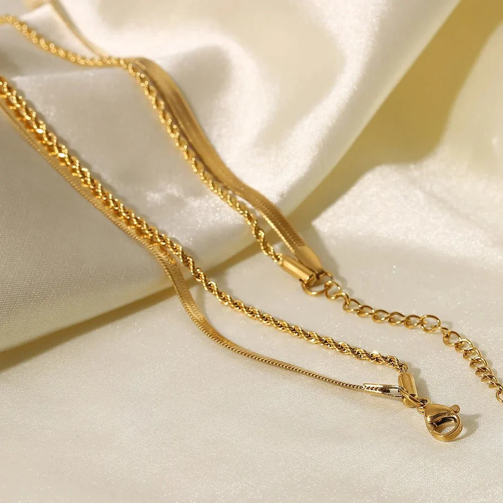 18K Layered Herringbone and Rope Chain Necklace - Image 5