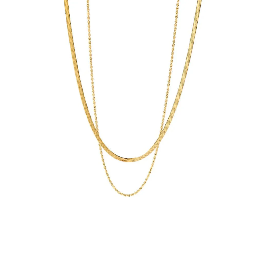 18K Layered Herringbone and Rope Chain Necklace - Image 6